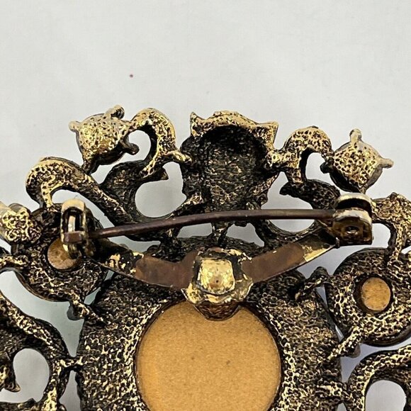 Gold Tone Lion Face Multicolor Cabochon Rhinestone Cluster Brooch Pin - Picture 7 of 8